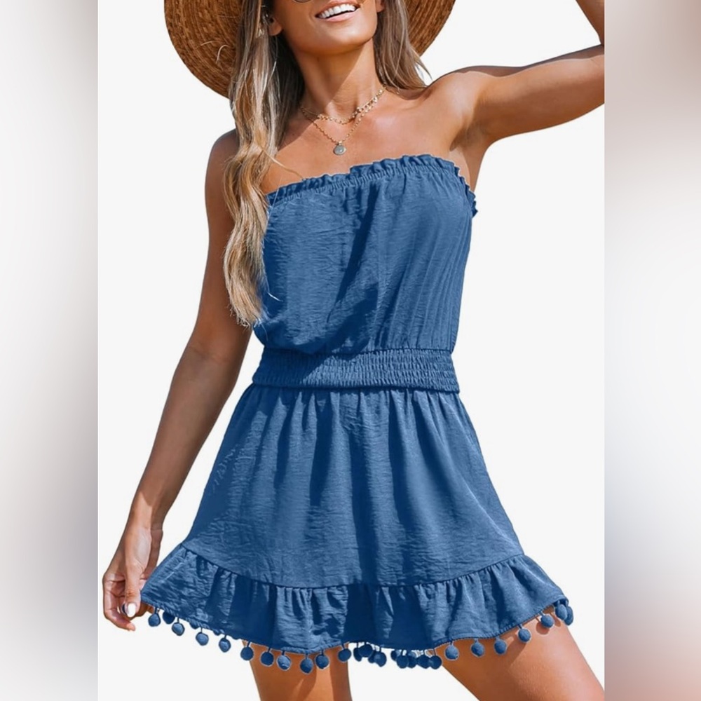 CUPSHE Smocked Pom Pom Cover-Up Tube Dress